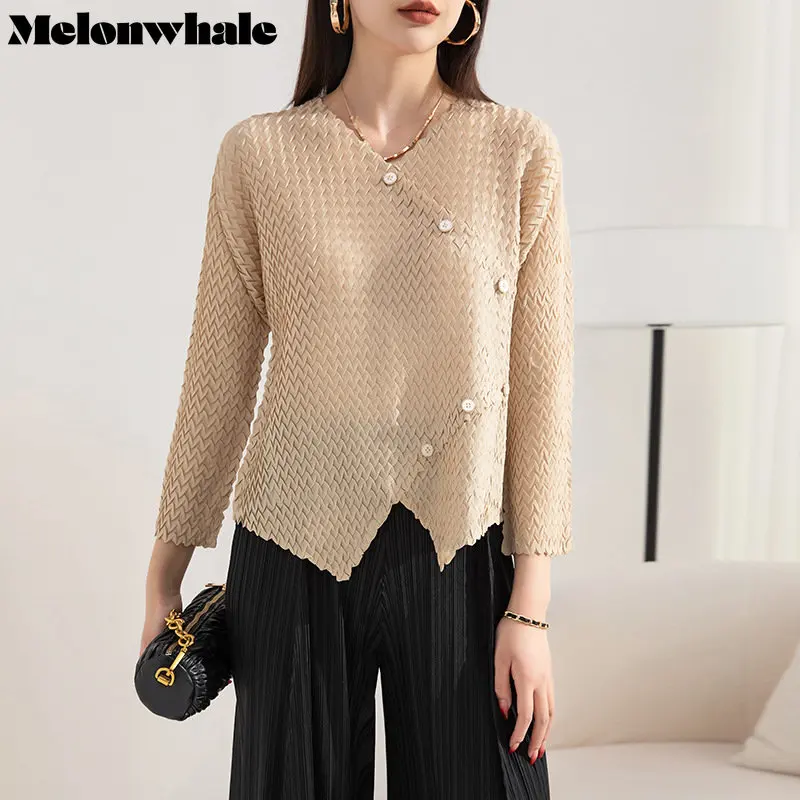

MelonWhale Women Beige Pleated Big Size Casual T-shirt Button Asymmetrical New V-Neck Long Sleeve Fashion Spring Summer 2023