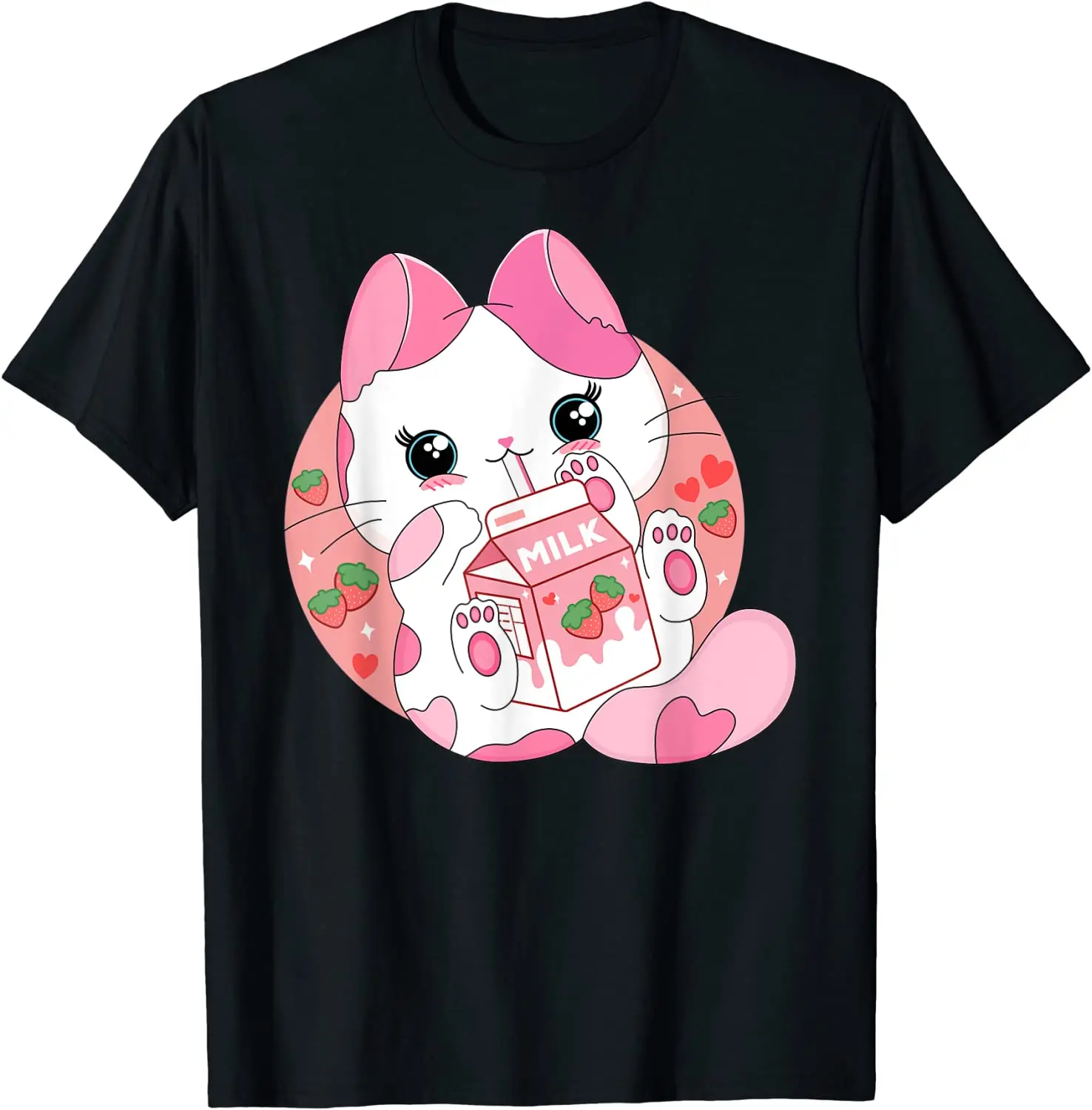 

Аниме Kawaii Cat клубника молоко для женщин мужчин подростков мальчиков девочек детей футболка