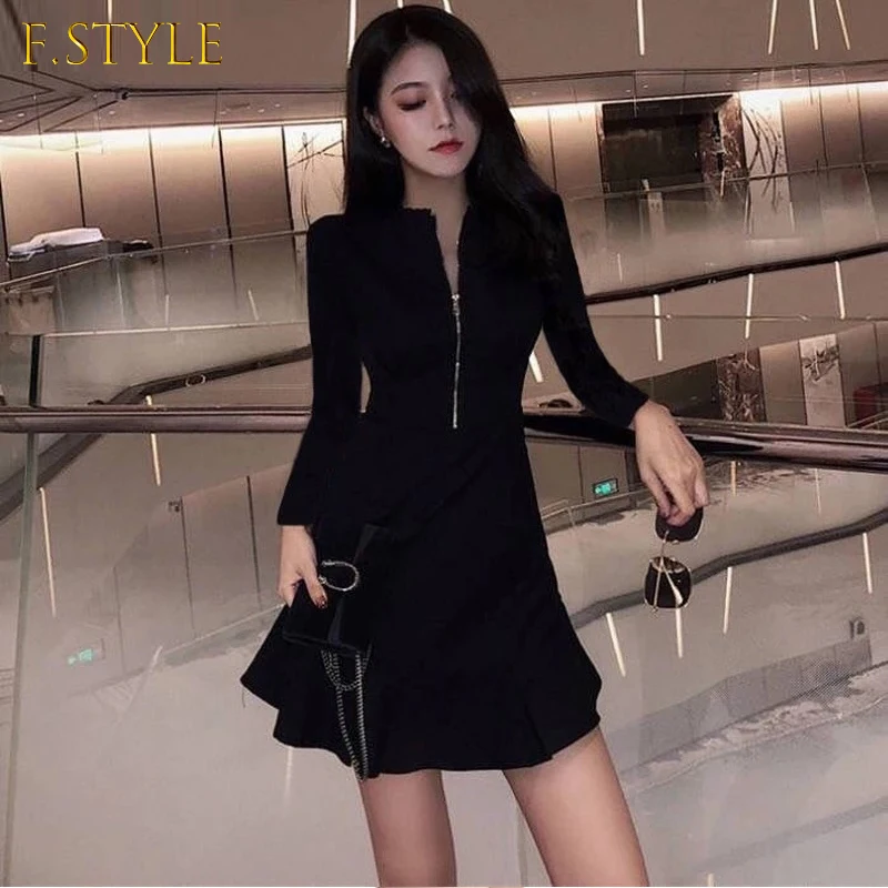 

Long Sleeve Dress Women Zipper Mini Dresses Pleated Sexy Party Date BF Slim French Black Ruffles Defined Waist Vestidoes Fashion