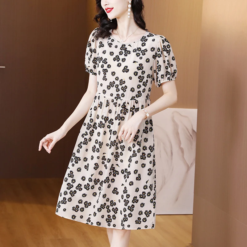 2023 Women's Dress O-Neck Silk Flower Print Short Sleeve Long Dress French Loose Size Medium Length Knee Long Dress Robe