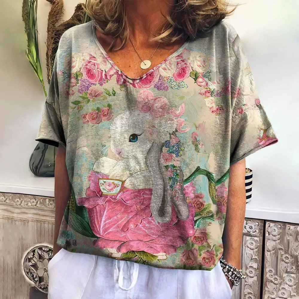 Женская Винтажная футболка с коротким рукавом и V-образным вырезом