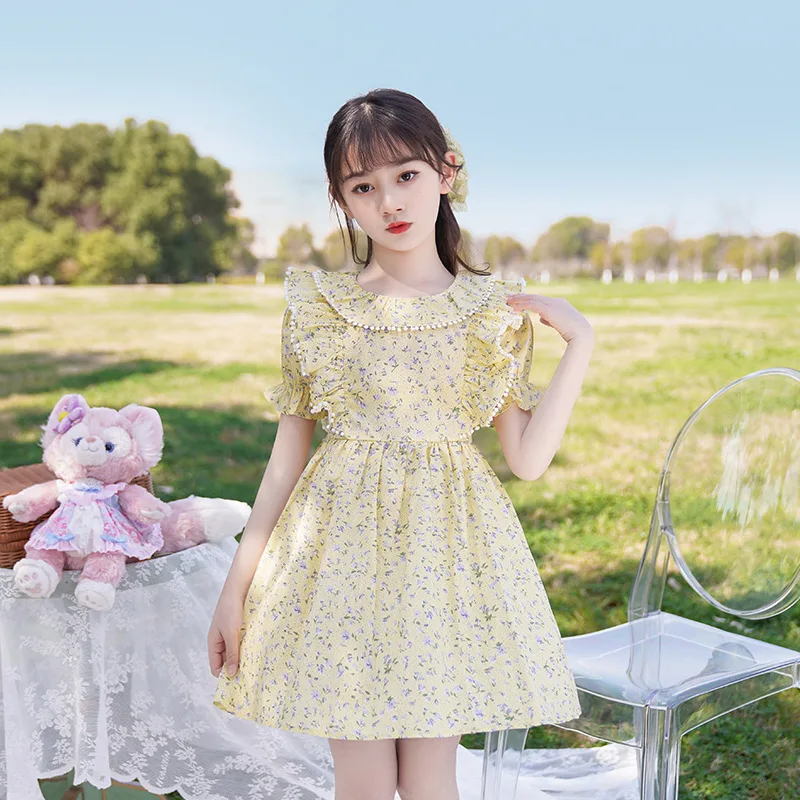 

Children's summer western style dress girls floral skirt 2022 pastoral style new summer dress middle-aged girl's skirt