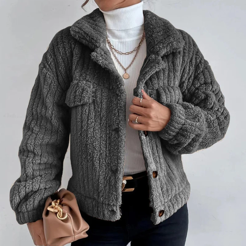 

2023 Autumn Winter Lapel Shirt Plus Velvet Comfortable Casual Women Thick Plush Coat Solid Color Single-Breasted Warm Jacket