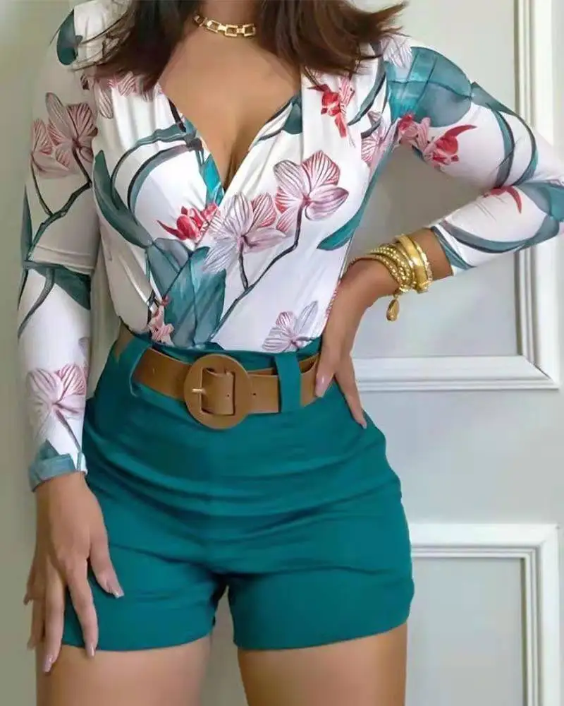 

New Women's Two-Piece Fashion V-Neck Floral Print Long Sleeve Top with Shorts Tight Suit Elegant Office
