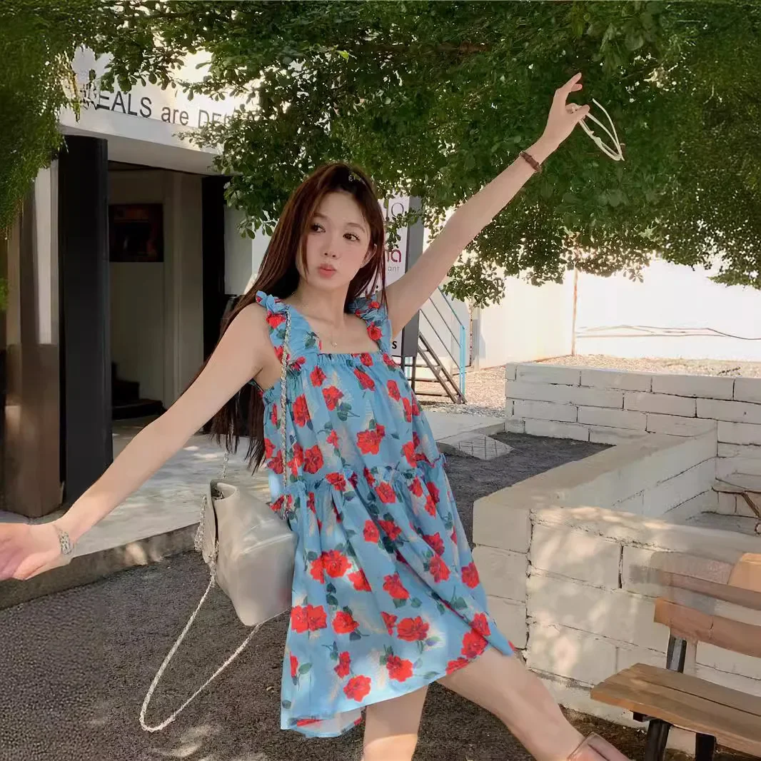 Винтажное платье-майка с цветочным принтом для женщин свободный крой