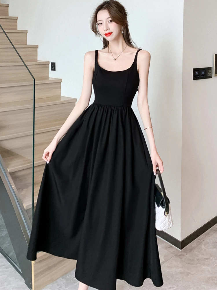 

Летнее черное шикарное длинное платье на бретельках с бантом женское Модное Элегантное пикантное платье с открытой спиной 2023 корейское винтажное вечернее платье в стиле Хепберн