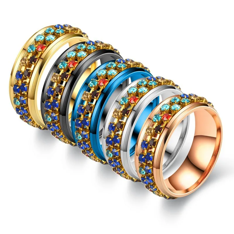 

Colorful Rhinestone Rotatable Ring for Women and Men Cool Fashion Artificial Diamond Finger Jewelry Accessory
