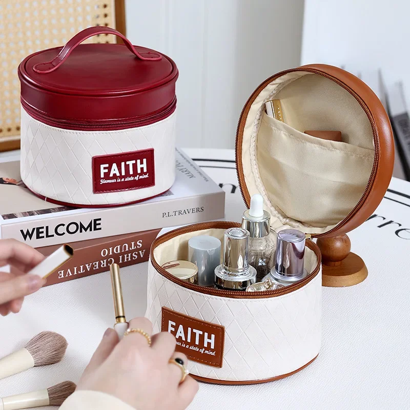 

Round Luxury Leather Cosmetic bag for Woman Traveling Makeup Handlebar Storage Bags Japanese Zipper storage box