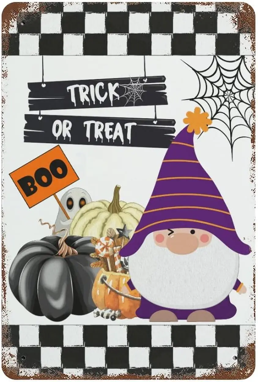 Cusm Sgns Outdoor Metl Hlloween Trck Or Tret Gnome Pumpkns Tn Sgn Py Vntge 812 nch Br Resturnt