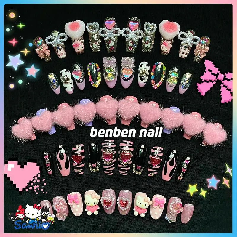 

New Diy Sanrios Hellokitty False Nail Y2K My Melody Kawaii Cartoon Handmade Beauty Wearing Armor Detachable Patch Gift for Girls