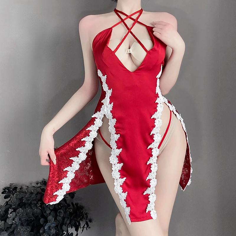 

Sexy Pajamas Women Summer Water-soluble Flower Lace Hollow Halter Strap Nightdress Female Simulation Silk Home Clothes