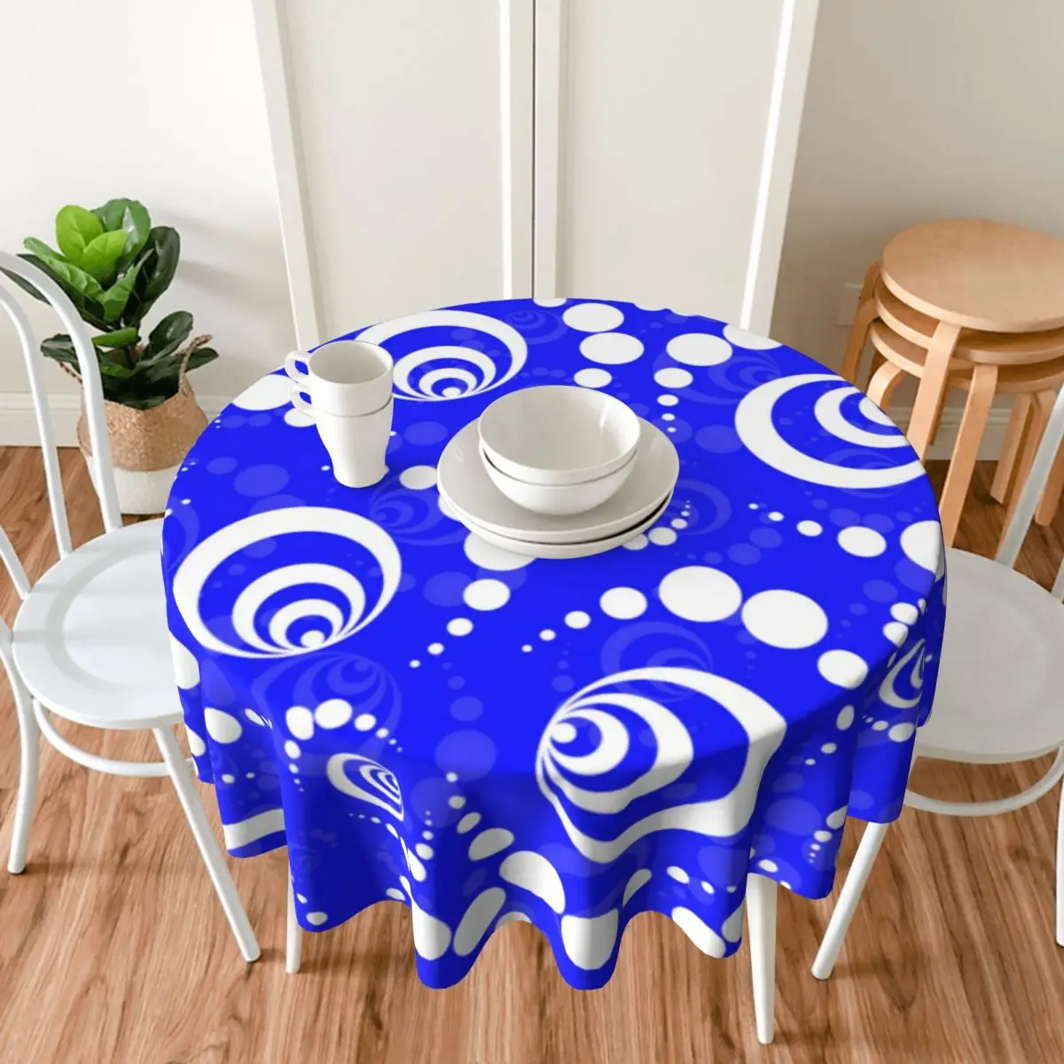 Круглая синяя белая скатерть Современное ретро искусство дешевая Декоративная