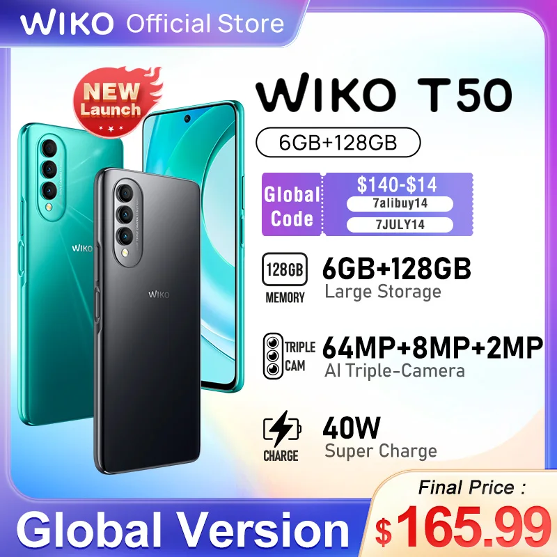WIKO T50 Smartphone Helio G85 6GB RAM 128GB ROM 40W Fast Charge 64MP Triple Camera 6.6 Inch FHD+ Display Mobile Phones 2022