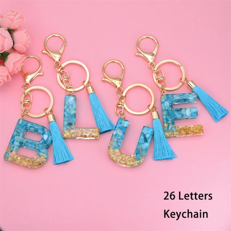 

Blue Tassel Gold Foil 26 Letter Resin Keychain Women Men Stone Beads Pendant Keyring Charm Alphabet Arylic Liquid Car Key Ring