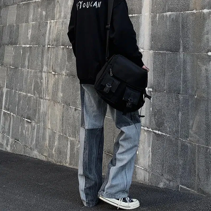 High Street Men's Jeans Spring Summer Vintage Patchwork Japanese Streetwear Casual Straight Loose Trouser Male Wide Leg Pants