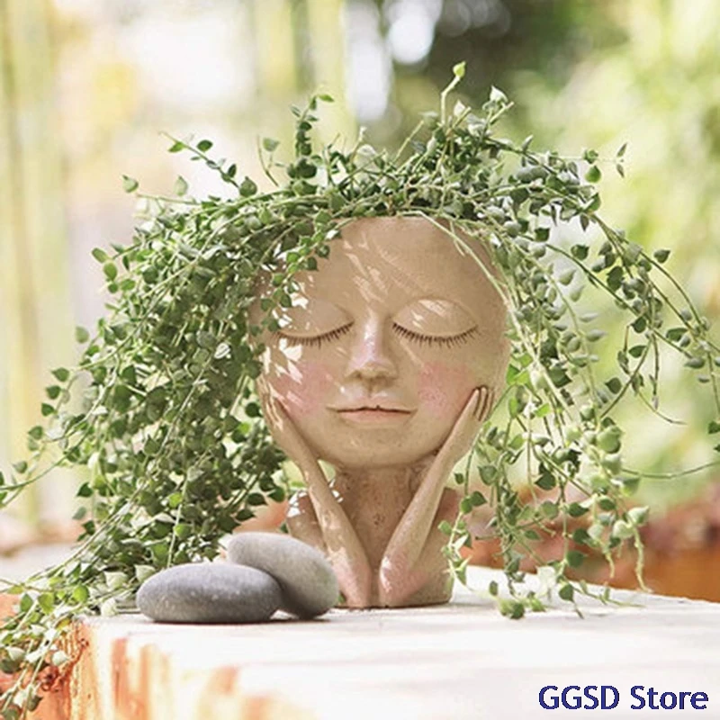 Creative Girl Face Resin Vase Flower Pot Cute Closed Eyes Doll Face Head Plant Flowerpot for Home Garden Decor Tabletop Ornament