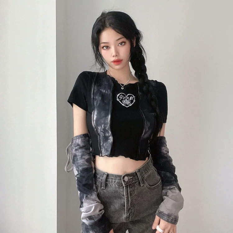 

Japanese Street O-neck Tie Dye Tee Shirt Summer Sexy Crop Top Fungus T-shirt Y2k Grunge Slim Fit Short Sleeve Tops Women