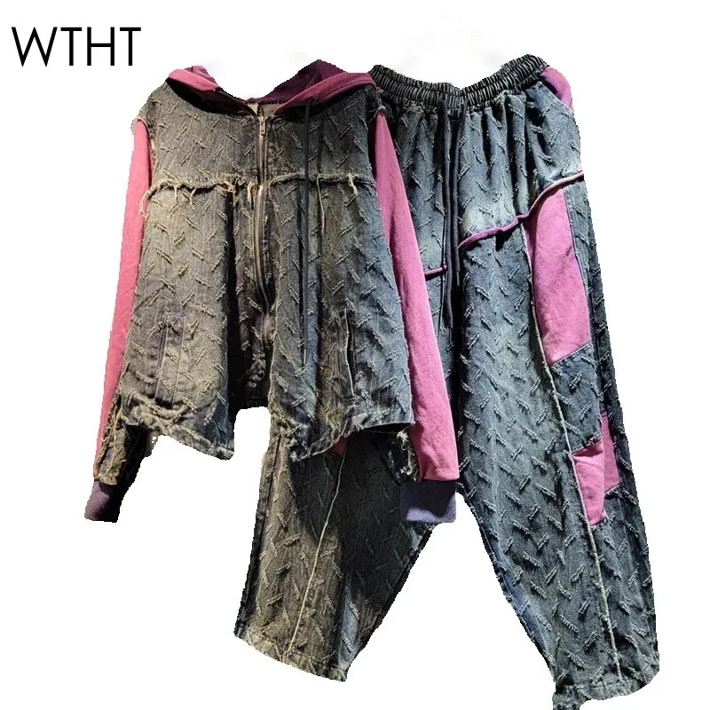 WTHT модные женские костюмы в стиле пэчворк с длинными рукавами и капюшоном