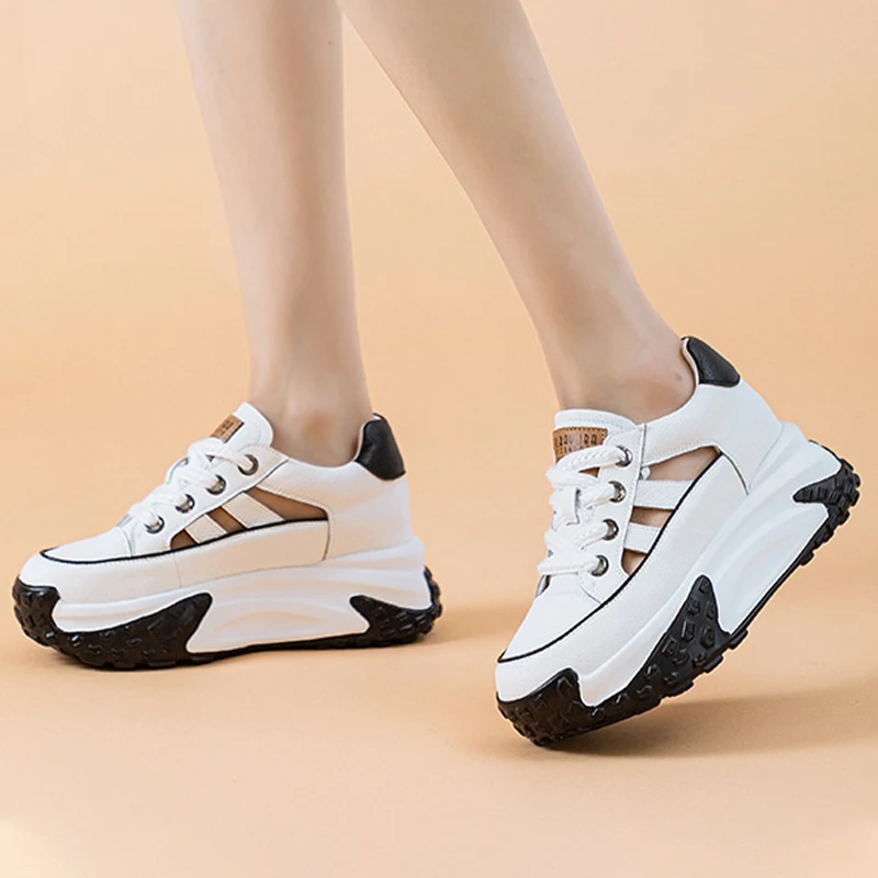 Hollow Chunky Sneakers Fashion 7cm Genuine Leather Women Vulcanize Sandles New Female Summer  Comfy Lace Up Fashion Ladies Shoes
