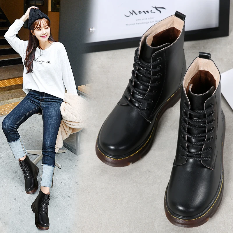 2022 Women's Snow Boots Genuine Leather Autumn Winter Flat Heel Daily Shoes Ankle Boots Plus Fur Platform Ladies British Girls