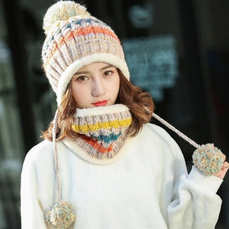 

High Quality Winter Thick Plus Cashmere Warm Masks Hat Scarf Autumn Winter Women's Knit Hat Wool Ball Cover