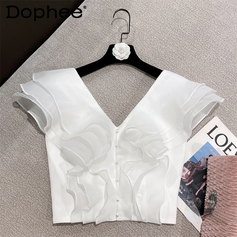 

Sweet Flounce Pearl Buckle Sexy V-neck Organza Chiffon Shirt Women 2022 Summer New Temperament All-Match White Top Tshirt