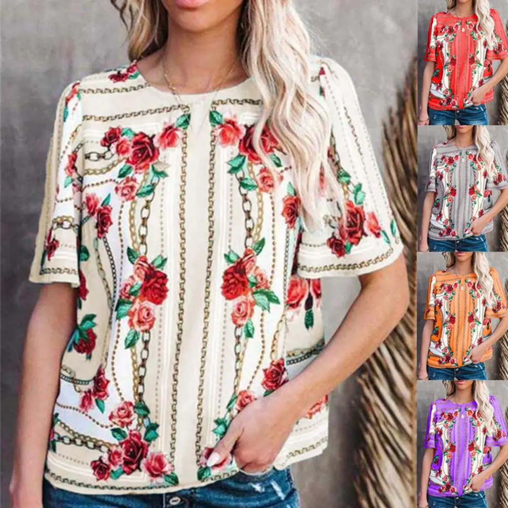 Купи Casual Loose T-shirt Round Neck Colorfast Floral Print Short Sleeve T-shirt Clothes Women T-shirt for Date за 273 рублей в магазине AliExpress