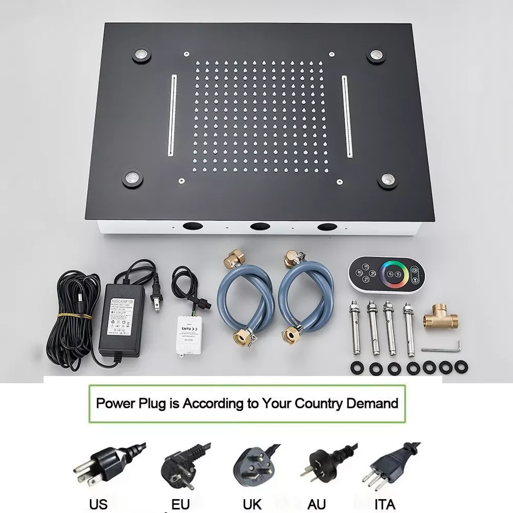 

Black LED Rain Waterfall Shower Head Remote Control LED Colors Ceiling Mounted Shower Head 50*35CM Square Head Bathroom Shower