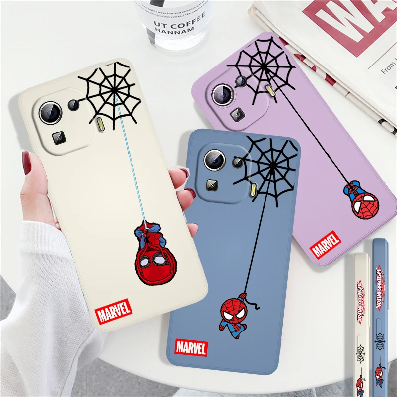

Marvel Spiderman Cartoon Art Phone Case For Xiaomi Mi Poco X4 M4 F4 GT 12 11 11i 11T 10T 9 SE Ultra Lite Pro Liquid Left Rope