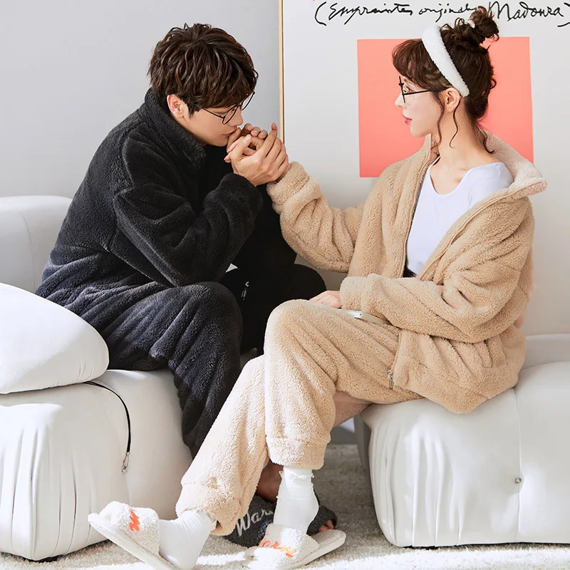 Flannel Pajams Set for Couple Men and Women's Cardigan Pajamas Suit Winter Thickened Coral Fleece Home Service pijama mujer