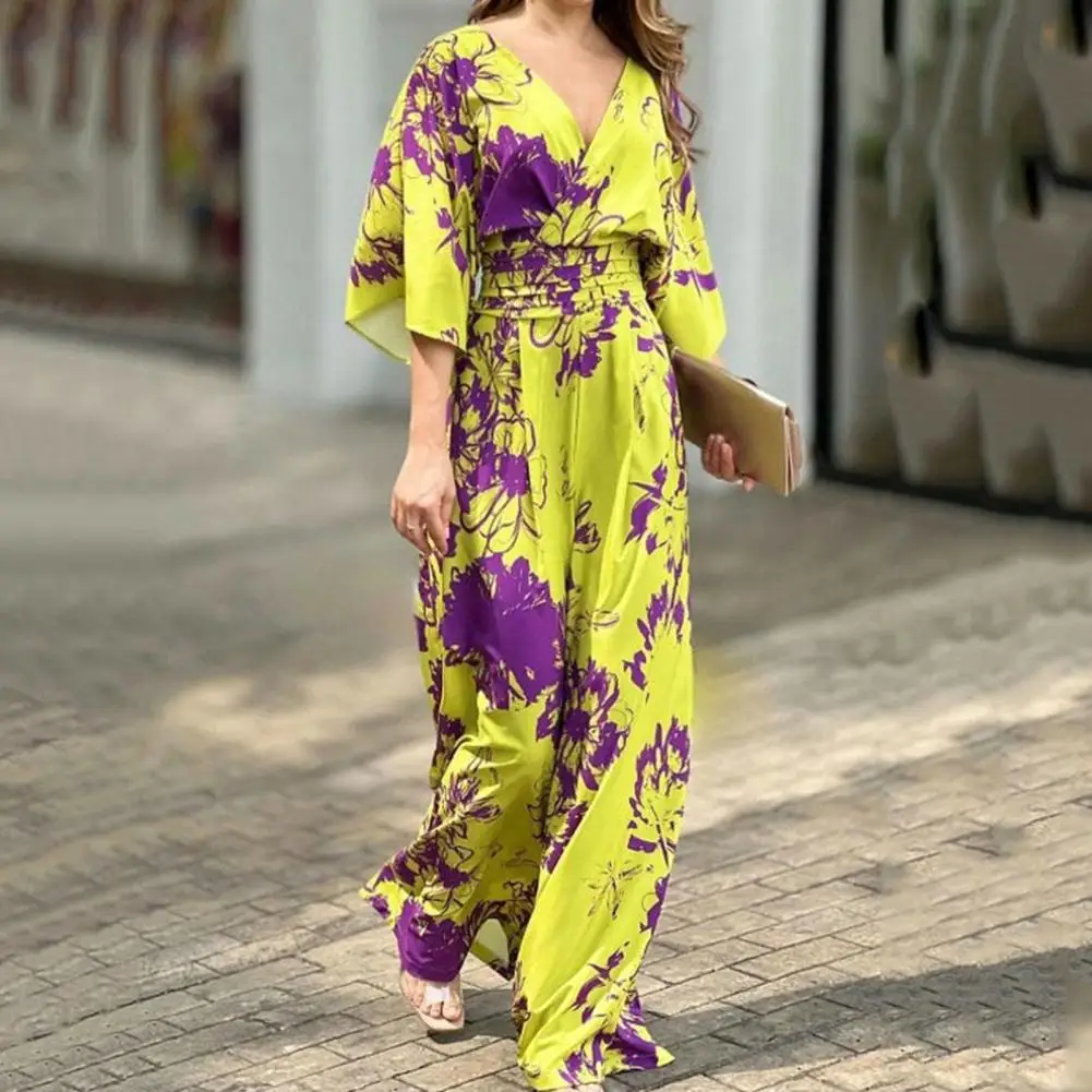 

Women Jumpsuit Summer Short Bat Sleeve V Neck Backless Nipped Waist Loose Wide Legs Casual Pants Romper High Streetwear