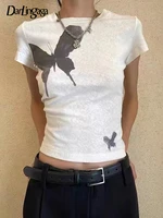 darlingaga harajuku grunge butterfly print white t shirt women cyber y2k graphic crop top casual cute tee gothic clothes retro