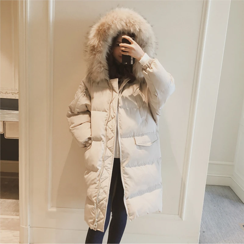 Women Korean Outerwear Snow Wear Winter Puffer Warm Bomber Basic Jackets Simple Hooded Fur Coats Mid-Length Loose Parkas Female