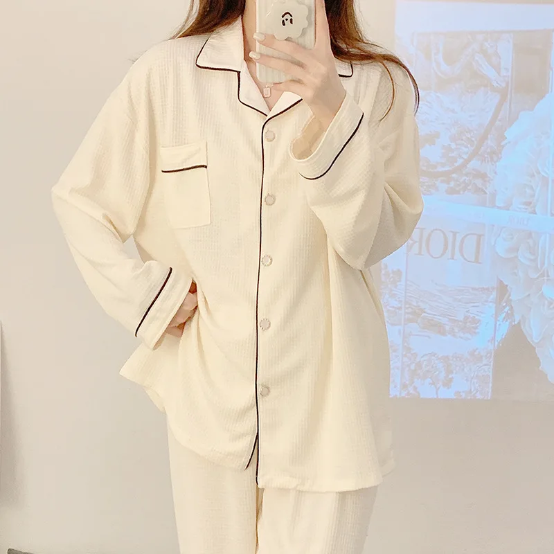 Fdfklak New Lapel Long Sleeve Pajamas For Women Pyjama Cotton Spring Autumn Ladie's Sleepwear Set Korean Casual Home Clothes