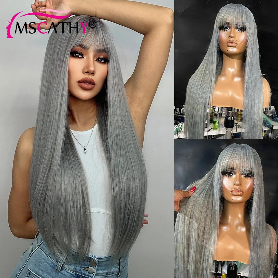 30 Inch Grey Colored Lace Front Wig With Bangs Long Straight 613 Blonde Lace Wigs For Women Human Hair 13x4 HD Lace Frontal Wig