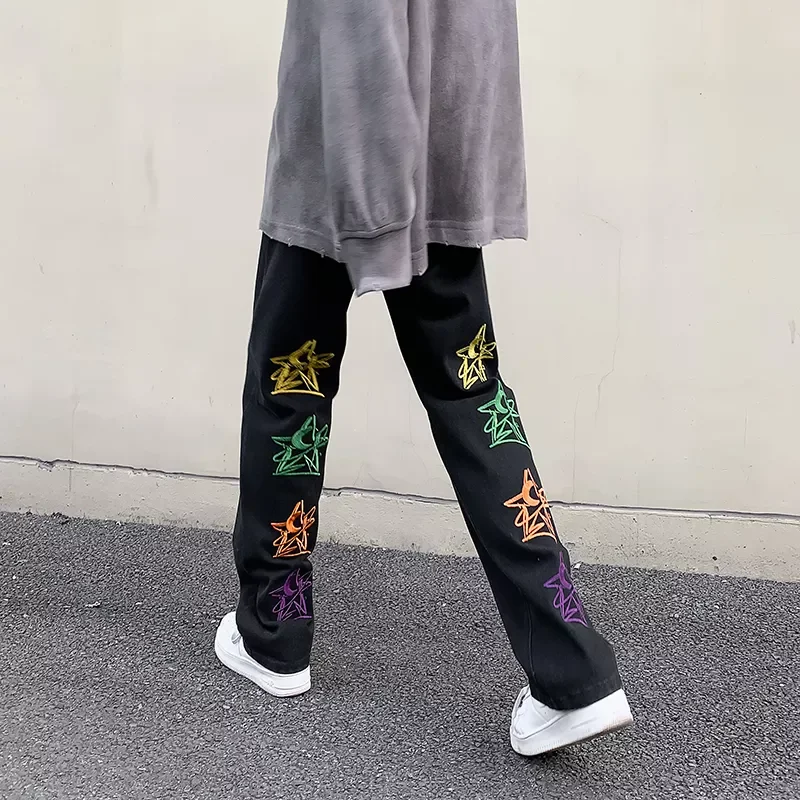 

Мужские джинсовые брюки с вышивкой, синие/черные прямые джинсы с эффектом потертости, в стиле хип-хоп, свободные брюки в Корейском стиле, Осе...