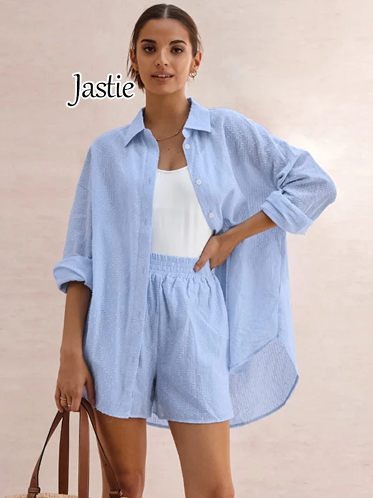 Женский жаккардовый костюм Jastie элегантная рубашка с длинным рукавом и шорты