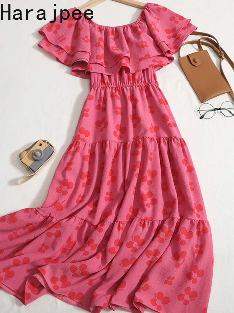 

Harajpee Ruffle Dress Slash Neck Printing Bandage Slim Waist Summer New Korean A Line Dress Chic Elegant Women Pullover Dress