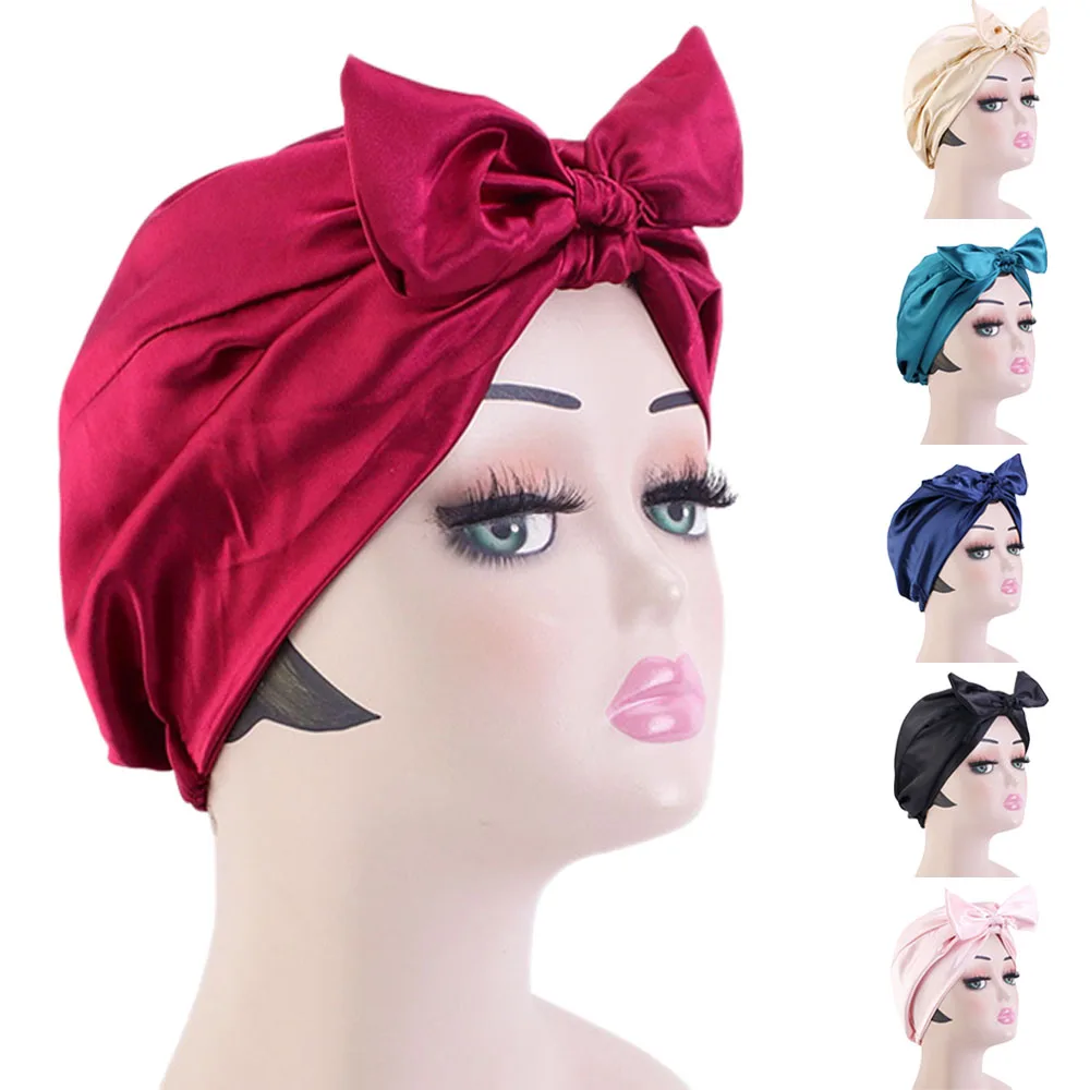 Silk Satin Nightcap Women Hair Care Bonnet Bowknot Beauty Hats Beanies Night Sleep Caps Elastic Wrap Headscarf Femme Solid Color