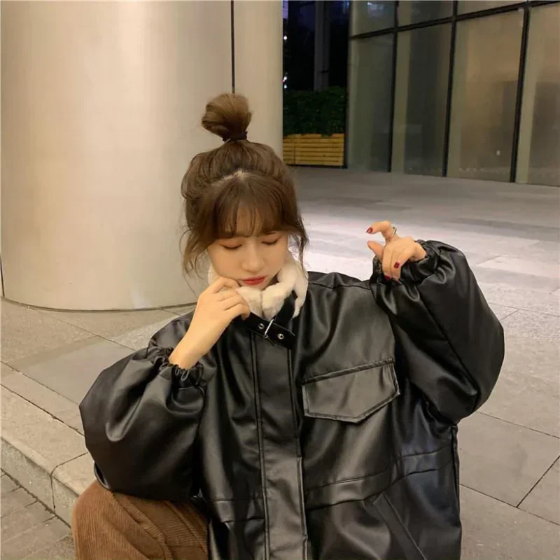 Женские парки из искусственной кожи черные лоскутные уютные теплые мешковатые