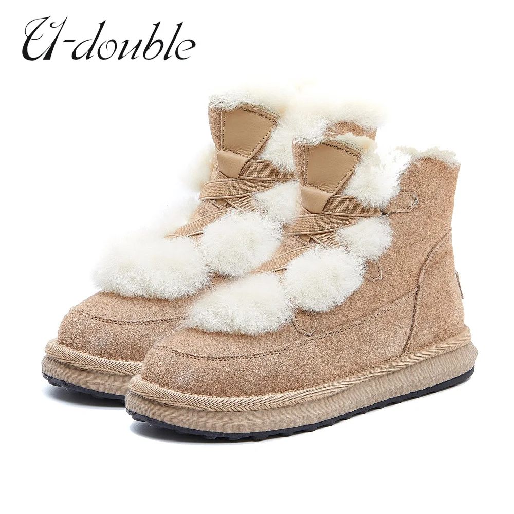 2022 Snow Boots for Women Short Plush Cow Suede Leather Lace Up Ankle Boots Warm Wool Ladies Round Toe Winter Fur Shoes Handmade