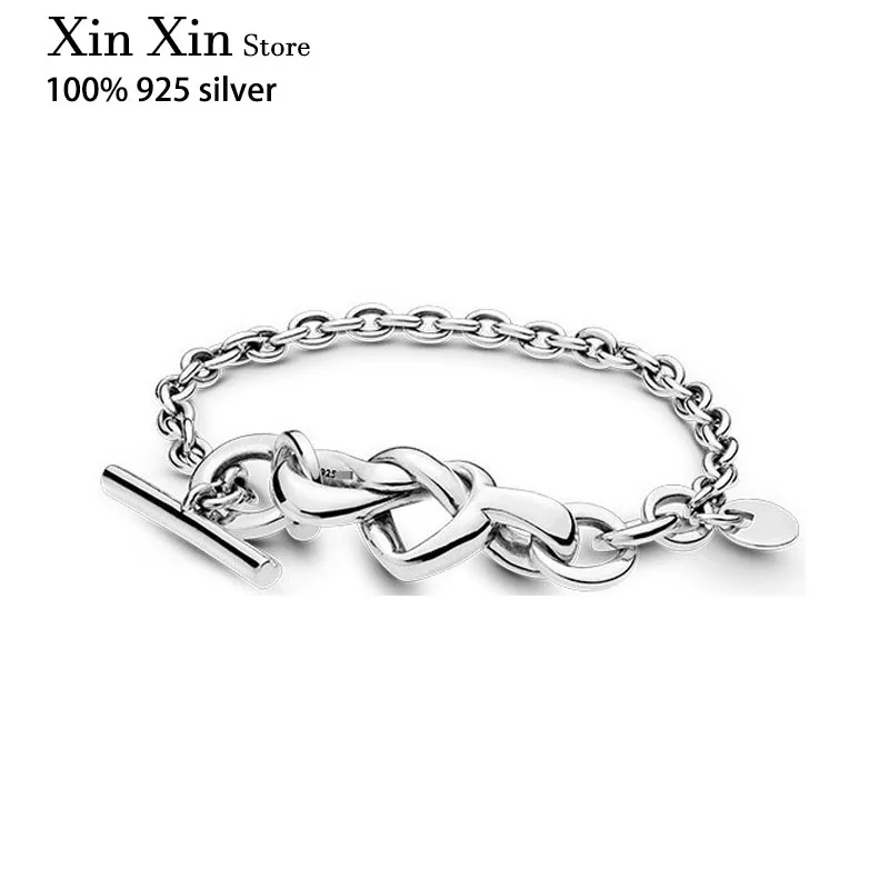 

Original Luxury Real 100% 925 Sterling Silver Knot Heart T-chain Bracelet Suitable For Women's Diy Jewelry Original Charm