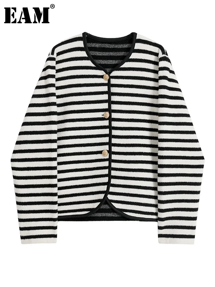 

[EAM] черный полосатый вязаный кардиган, свитер, свободный крой, круглый вырез, длинный рукав, Женская Новая мода, весна-осень 2022 1DF5008