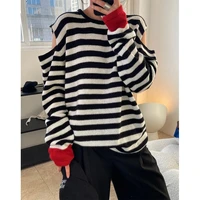 early spring new fashionable casual off the shoulder design striped sweater loose soft glutinous knitted top for women