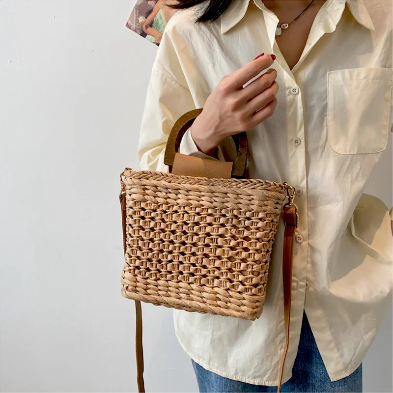 

Женские сумки-тоуты, соломенные сумки, летние Дизайнерские Сумочки, кошельки, плетеная пляжная сумка через плечо с деревянными ручками и застежкой на шнурке