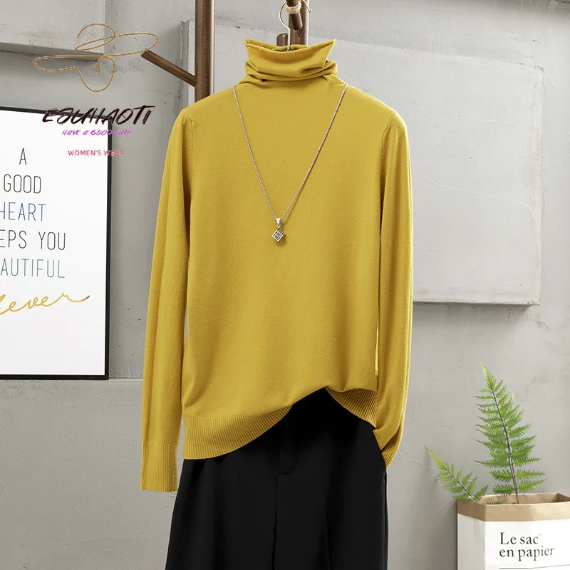 

Korean Fashion Undershirt Women's Solid Sweater Ladies Cheap Pullover Pile Collar Tops Loose Long Sleeve High Strecth Knitwear