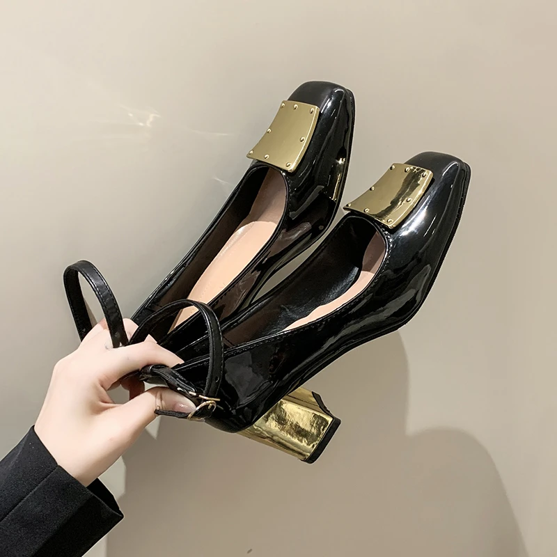 

2023 Square Metal Toe Black Patent Leather Light High Heels Ankle Lacing Party Women's Shoes