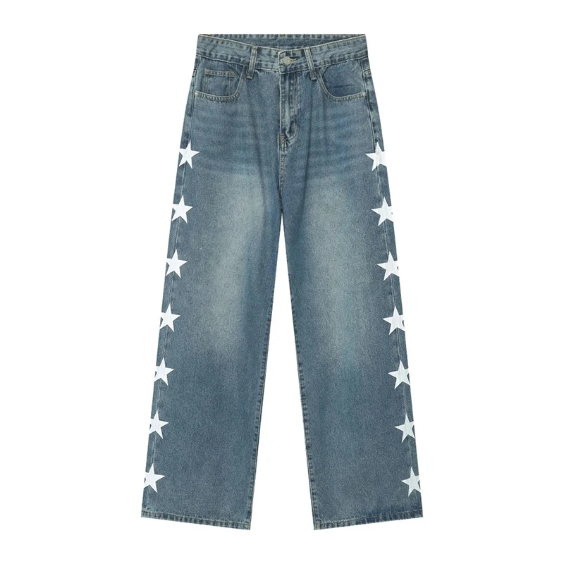 HOUZHOU Y2K Star Jeans Men Distressed Denim Wide Leg Trousers Hip Hip Harajuku Loose Casual Pants with Print Korean Streetwear