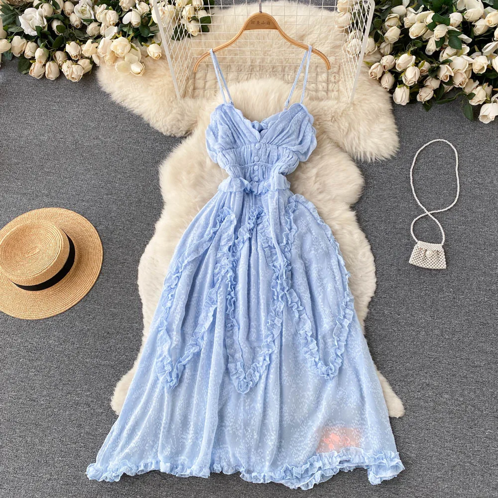 

VANOVICH 2022 Summer New Sexy Temperament Solid Color Strapless Long Dress Sweet Edible Tree Fungus A-LINE Folds Camisole Dress