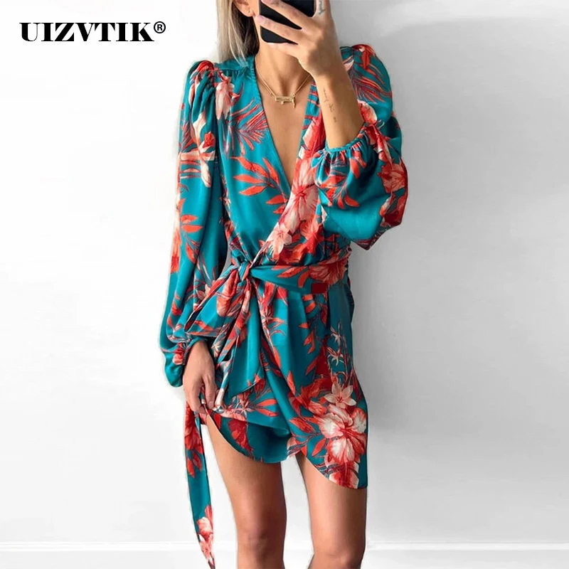 

Повседневные Летние Платья-мини с принтом и V-образным вырезом для женщин 2022, свободное пляжное облегающее праздничное платье-трапеция в ст...